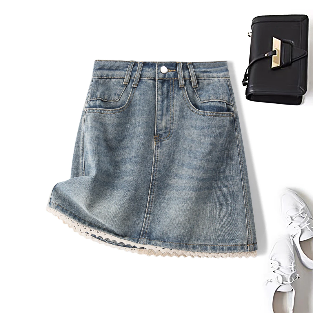 尚秀大码女装2025夏季胖mm花边牛仔半身裙小个子高腰a字短裙65533