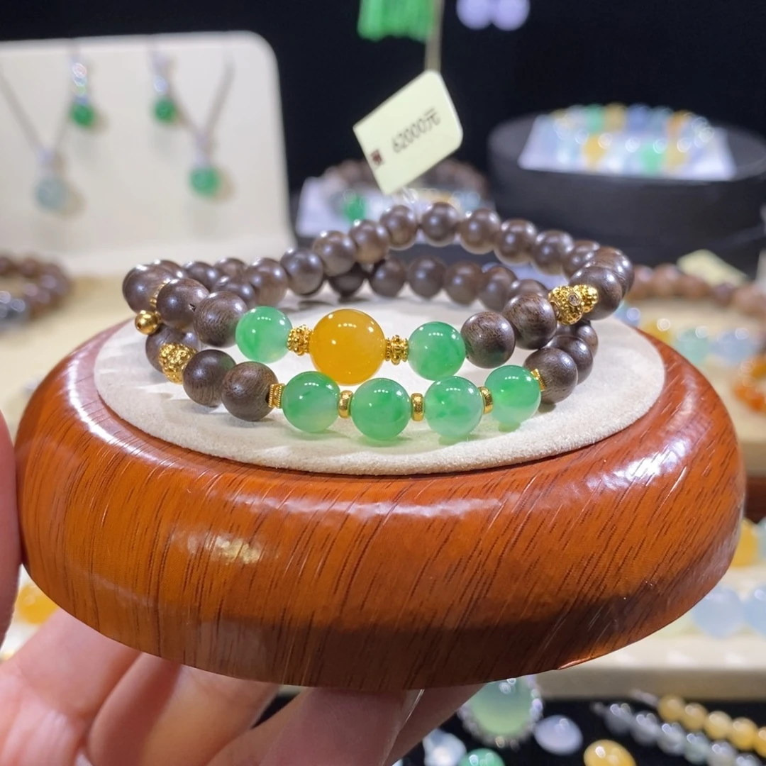 翡翠18K金镶嵌手串18K冰阳绿双圈手串