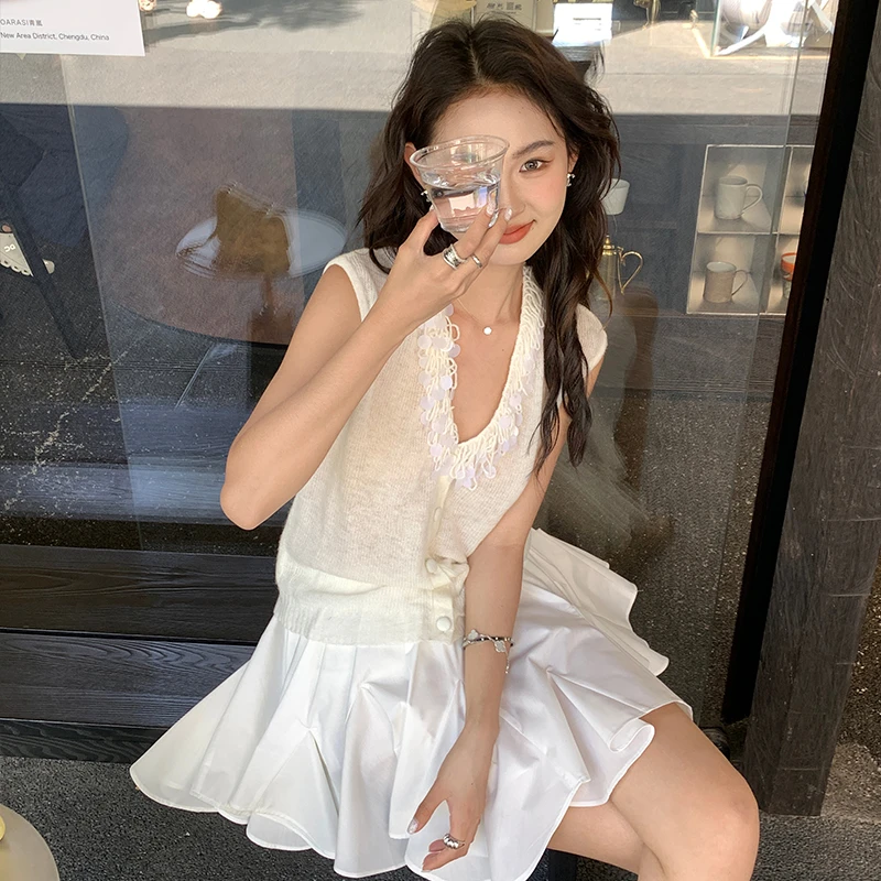 【泡沫之夏】RARE ZZ 重工手工流苏珠片针织开衫上衣百搭显瘦短袖