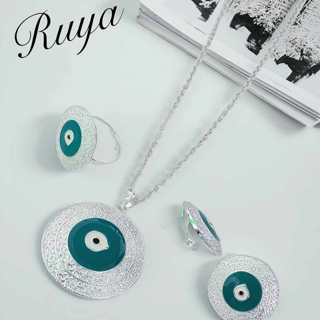 钛钢耳饰 恶魔之眼欧美银饰套装镶钻耳环饰品吊坠时尚绿色