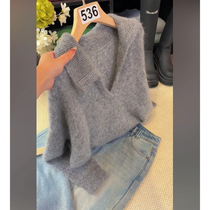 韩版时尚翻领V领长袖针织衫女秋冬新款大码胖MM气质内搭打底上衣
