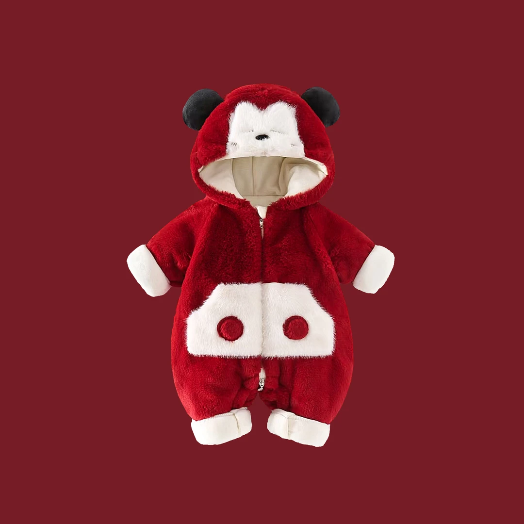 婴儿宝新生儿连帽加绒加厚保暖冬款秋冬季圣诞毛毛连体衣爬服哈衣