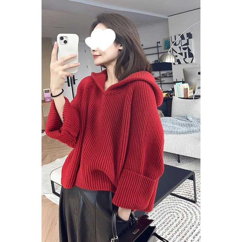 美洋MEIYANG爆款新年幸运红羊毛混纺秋冬百搭V领针织毛衣宽松时尚