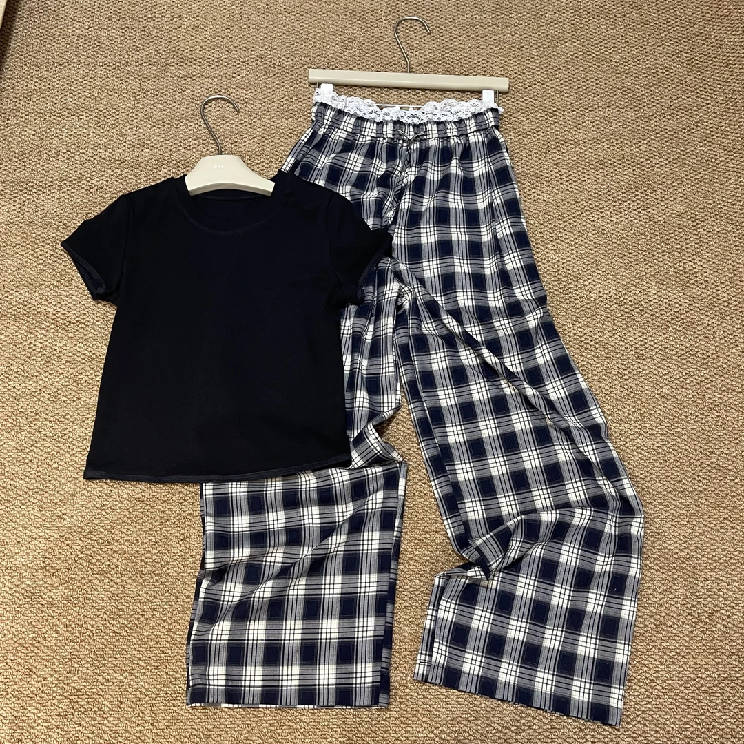 2025春新韩版百搭显瘦格子阔腿裤套装女蕾丝抽绳高腰休闲裤短T潮