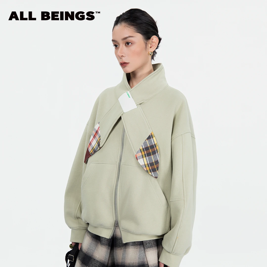ALL BEINGS25年秋冬设计师新款街头宽松拼接宽绳围巾搭片卫衣女