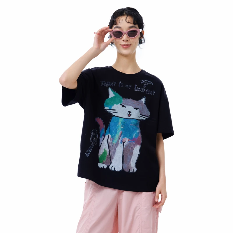 MOVEUP幻走2025夏季新款.FUN圆领彩色猫咪印花短款T恤女325210564