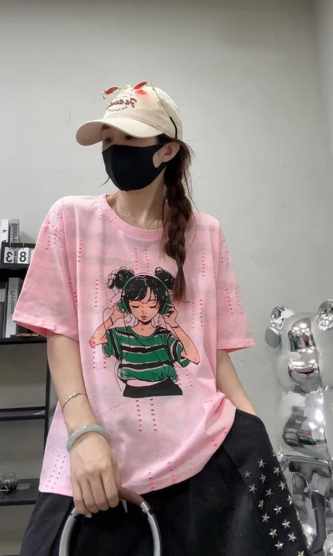 青禾-夏季新款百搭女孩印花纯棉烧花圆领短袖T恤MHT6857