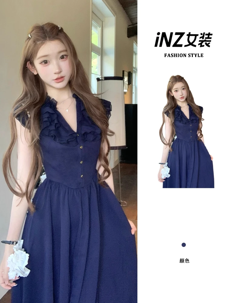 vintage温柔小香风木耳边连衣裙女夏季收腰显瘦拼接短袖a字长裙子