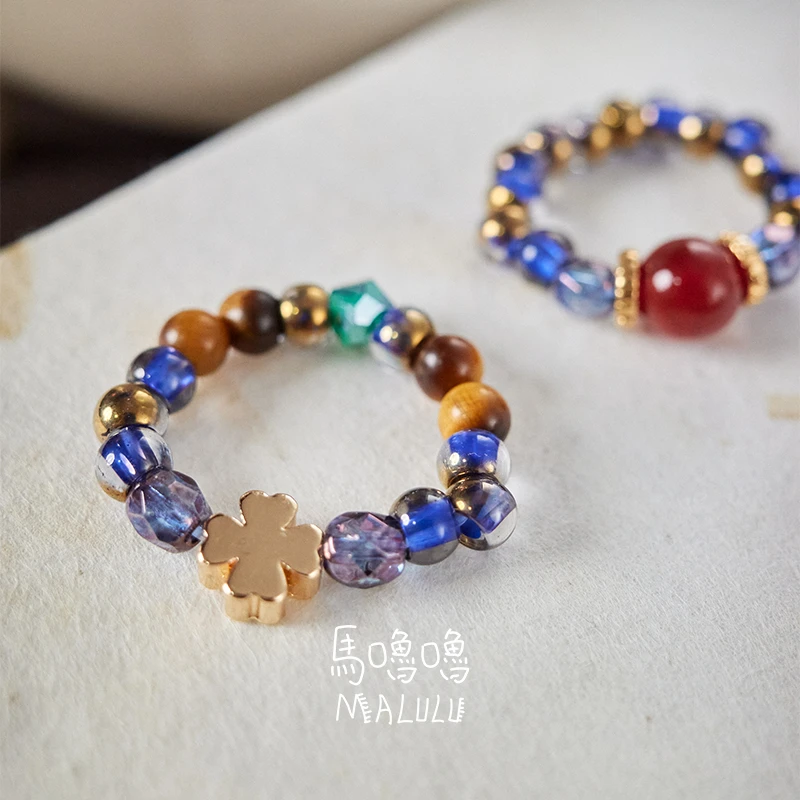 合金戒指 马噜噜 【蓝色调】蓝色系四叶草手工串珠戒指清新手工戒女