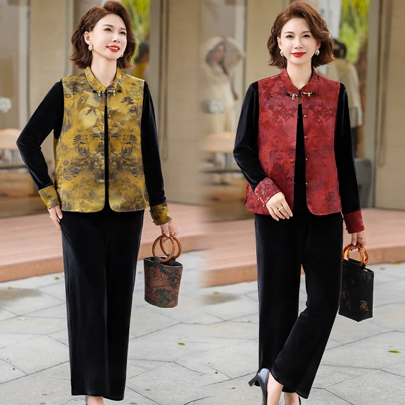 妈妈装秋季新款休闲夹克套装中老年人女装40到50岁洋气时髦套装