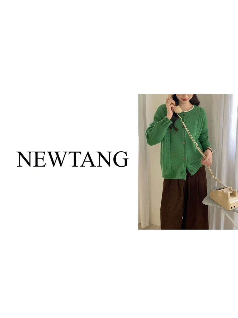 【暮雨】391(含羊毛)竖条麻花针织衫女圆领时尚开衫外套 绿