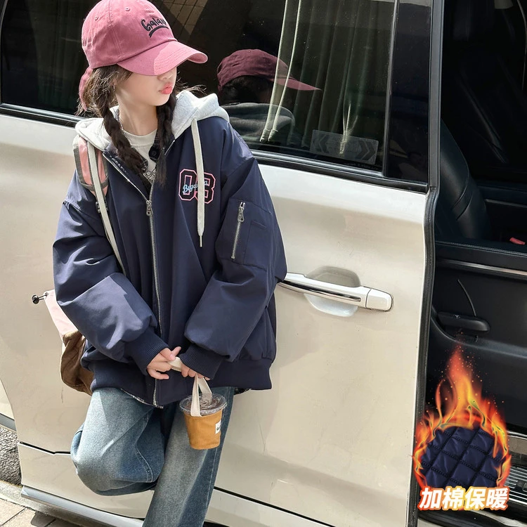 女童外套秋冬款2025新款洋气儿童夹棉加厚中大童冬季连帽夹克上衣