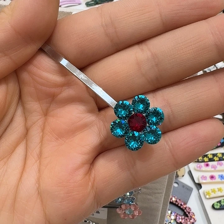 皮质铁合金蓝色水钻小花