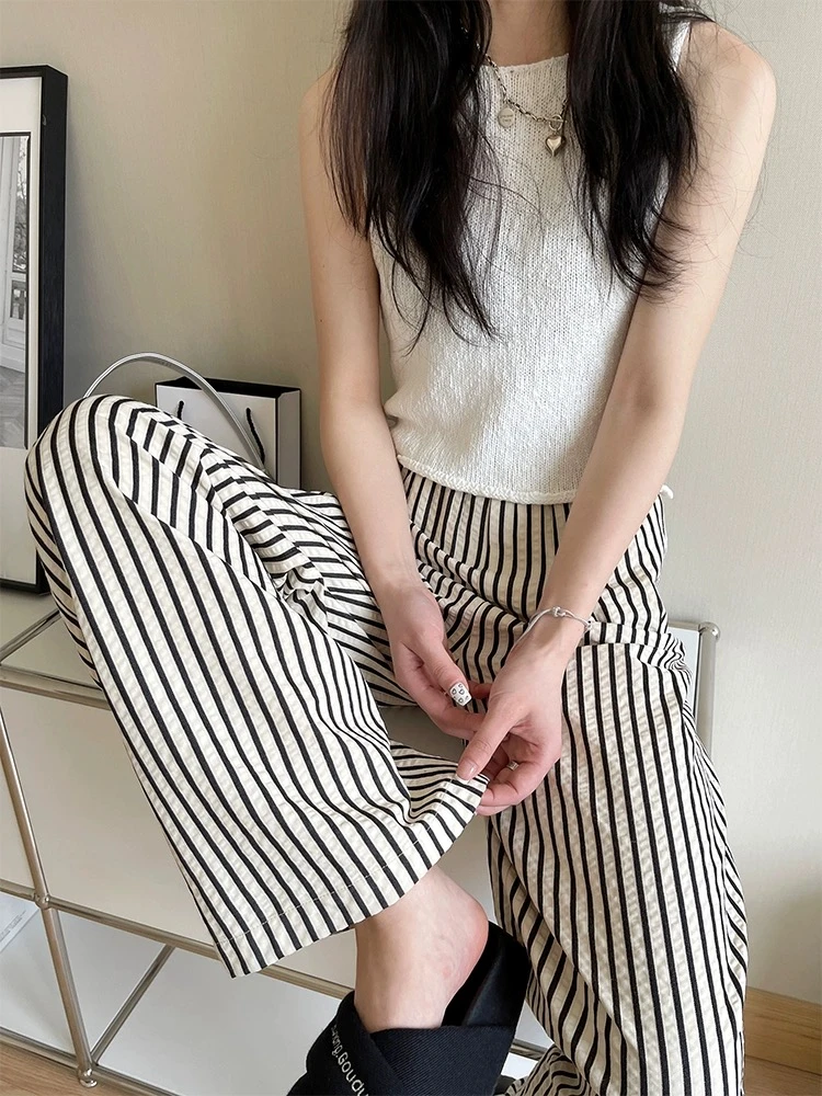 黑色条纹阔腿裤女180超长高腰垂感宽松慵懒遛弯裤休闲拖地直筒裤