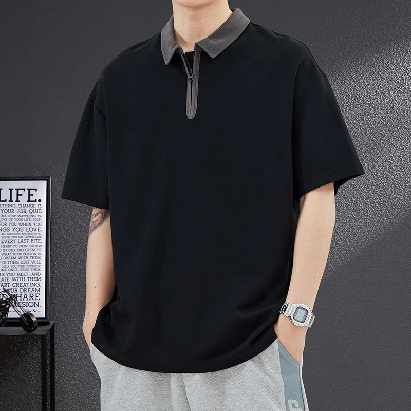 夏季拉链POLO衫男简约休闲短袖2025翻领t恤宽松大码黑色半袖体恤