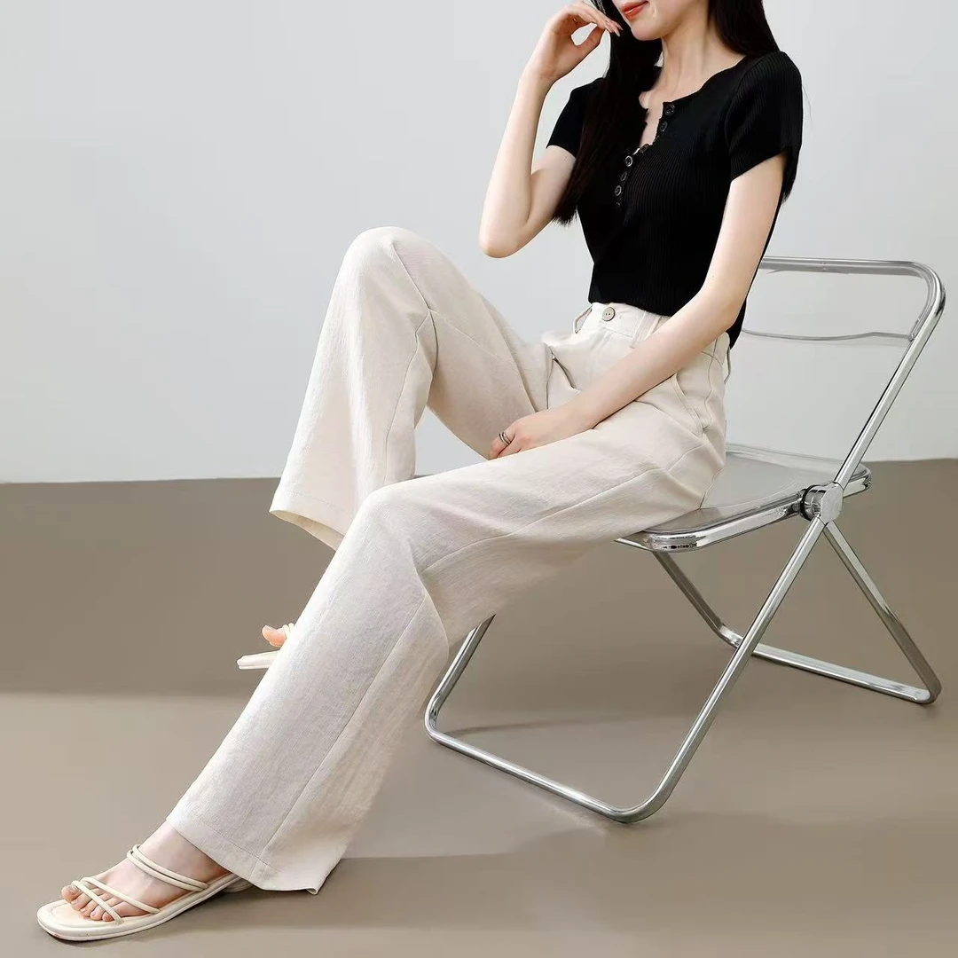 天丝亚麻阔腿裤女宽松百搭薄款休闲西装长裤高腰春夏直筒裤