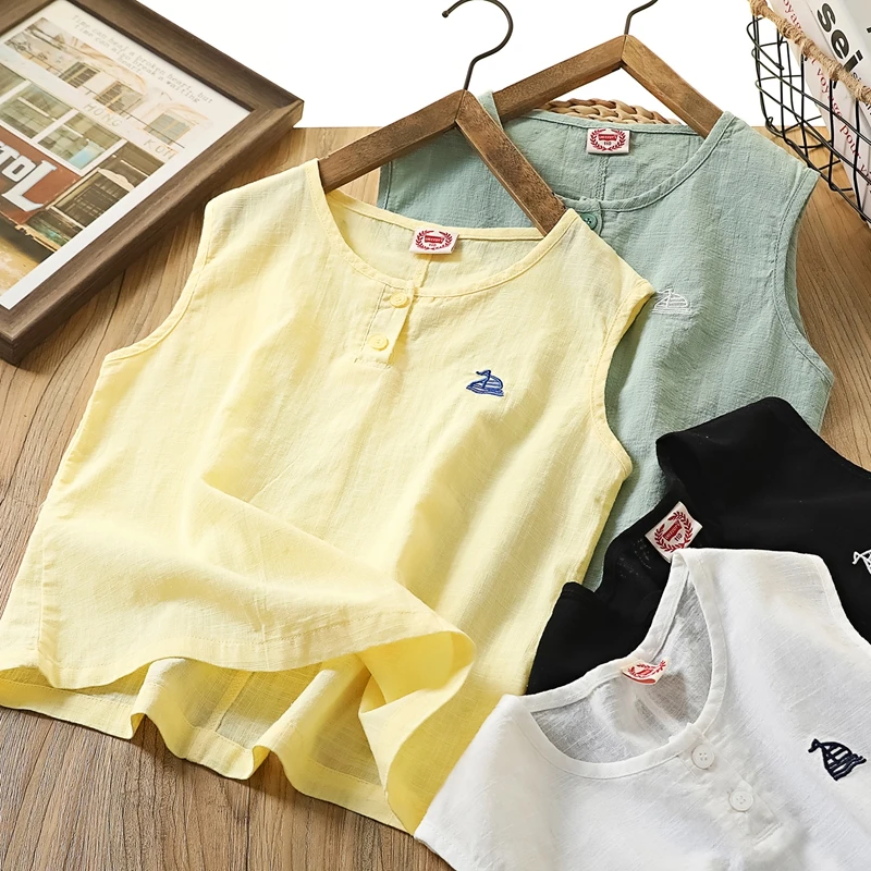 男童夏季新款轻薄开领背心中大童帆船刺绣休闲百搭无袖6210