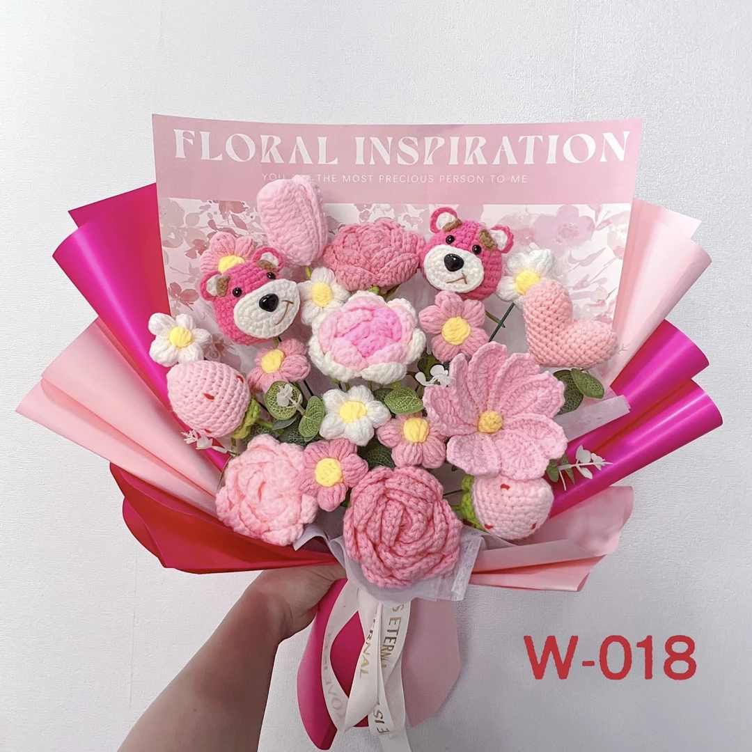 纯手工毛线花束玫瑰花草莓熊兔子库洛米皮卡丘生日礼物送闺蜜女友
