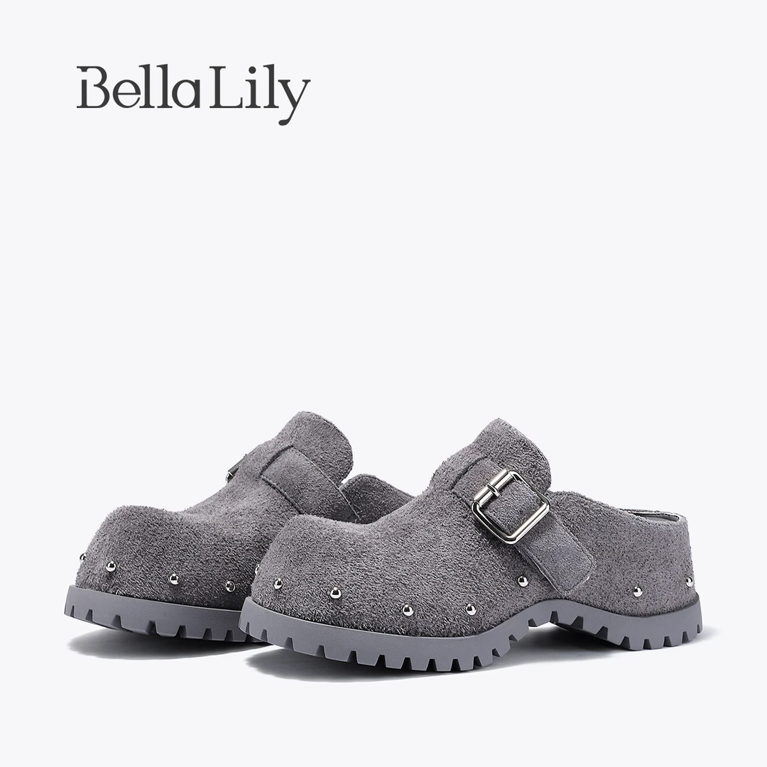 BellaLily2025春款灰色大头勃肯鞋女包头半拖鞋厚底增高休闲鞋子