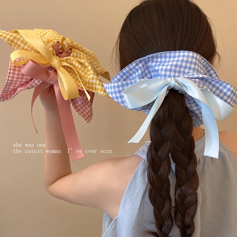 韩系简约黄色条纹蝴蝶结方巾大肠发圈女高级感小清新超大方形头绳