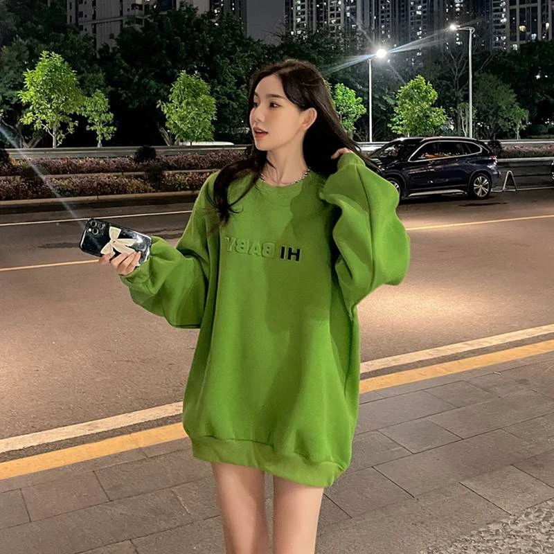 秋冬绿色加绒圆领卫衣爆款时尚洋气女中长款宽松慵懒风字母潮外套