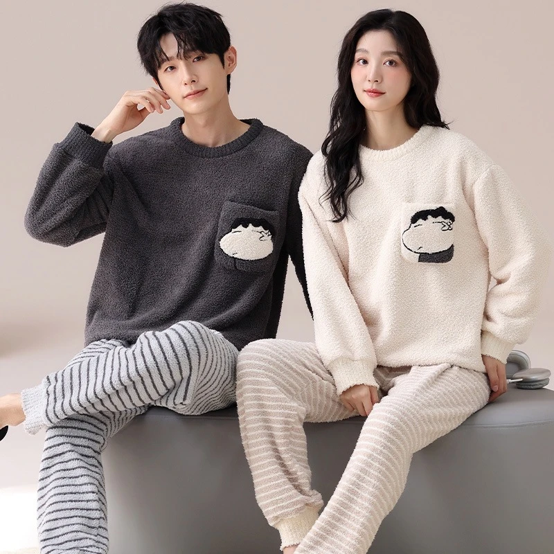 实体现货发秋冬季新款情侣睡衣男女米粒绒保暖加厚青少年珊瑚