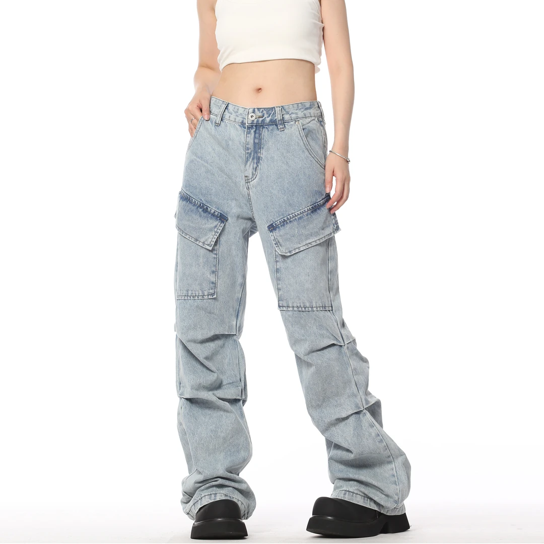 美式高街褶皱微喇叭牛仔裤2025新款水洗复古蓝休闲复古长裤子男女