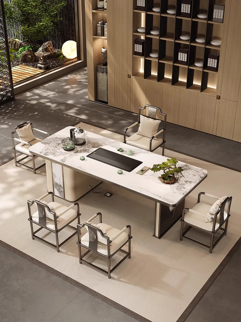 岩板茶桌现代简约轻奢泡茶桌椅组合一桌五椅办公室茶台烧水壶一体