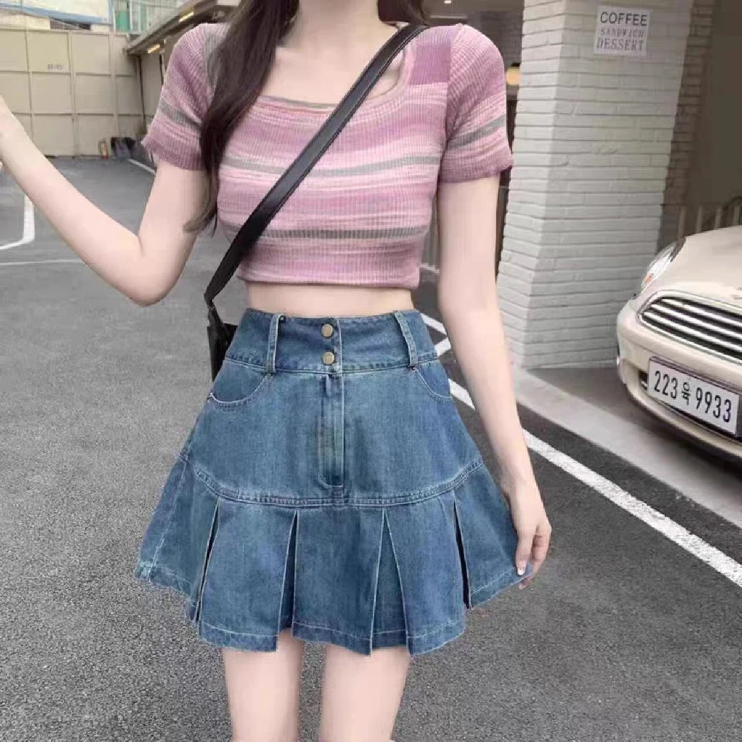 300斤特大码女装设计感双扣褶皱牛仔裙女胖MM遮肉A字高腰显瘦短裙