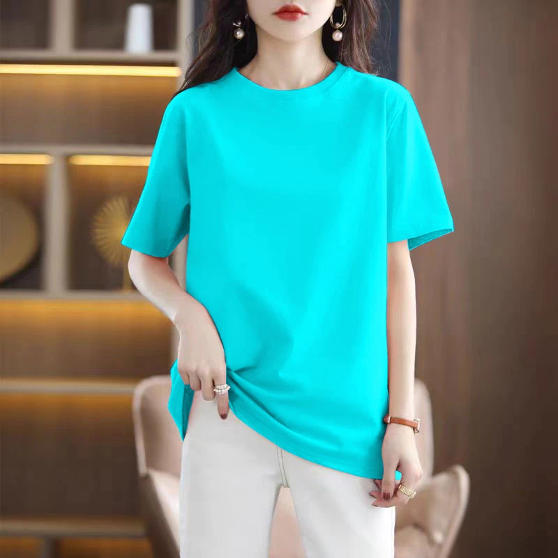 湖蓝色宽松显瘦纯色短袖T恤女圆领百搭休闲上衣夏季新款韩版半袖