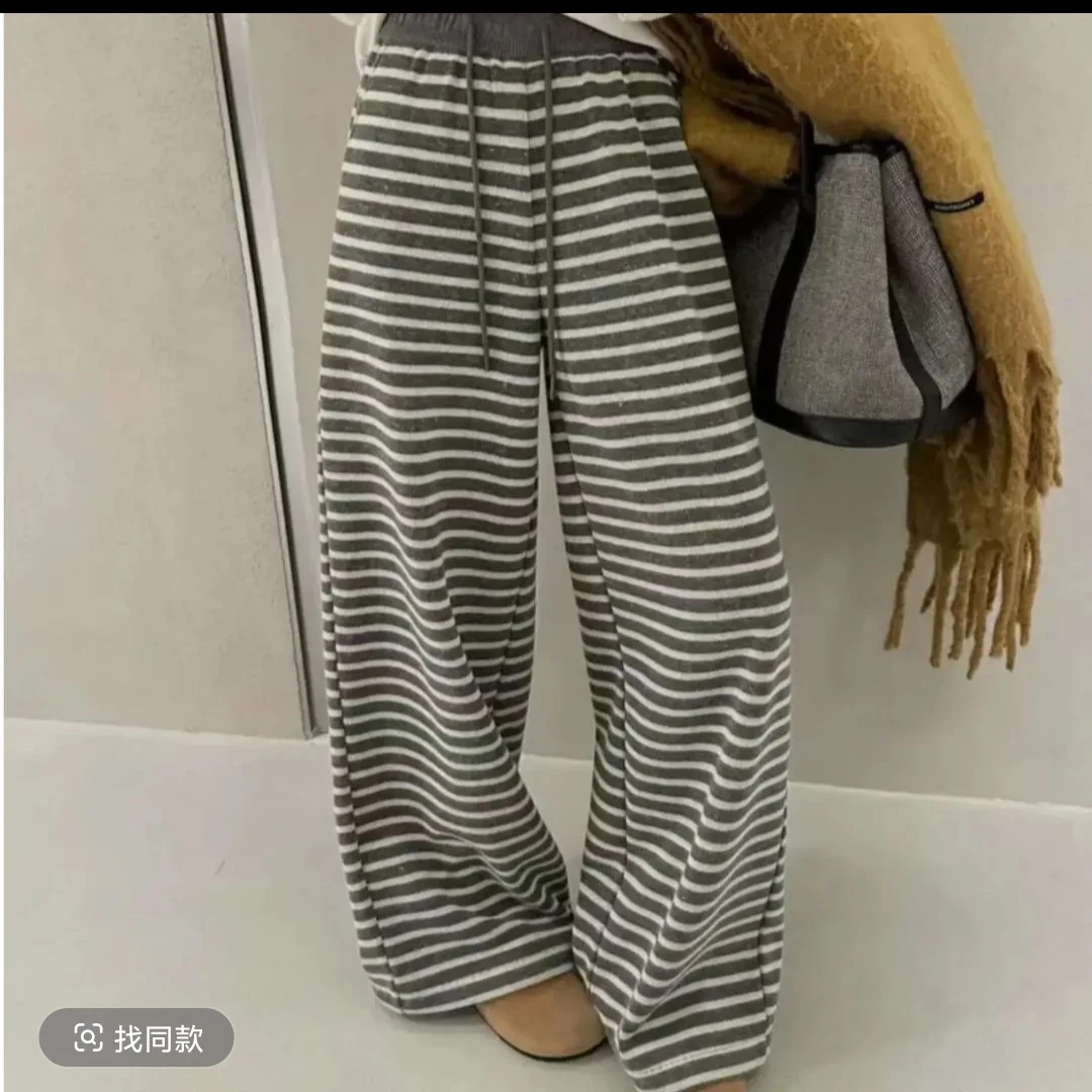 舒适减拖地条纹裤女春秋冬季2025年新款慵懒风休闲欧货垂感阔腿裤