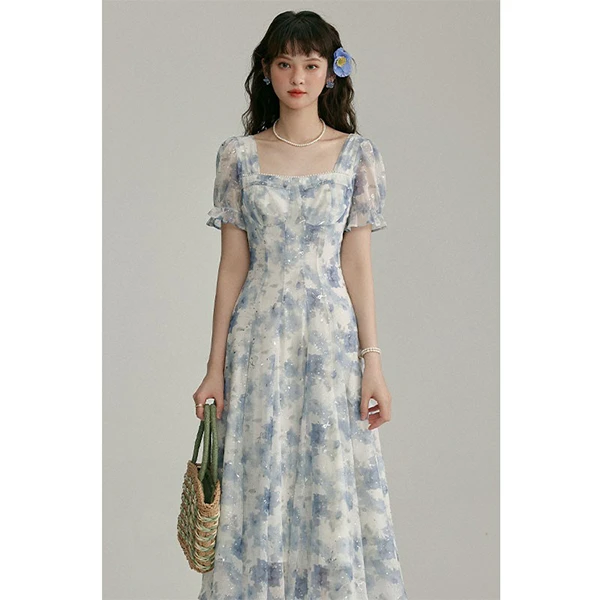 【三寸藕】式温柔风碎花连衣裙夏季新款小众复古收腰中长裙9016