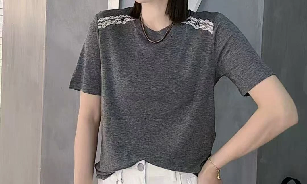 25887-3582 蕾丝拼接夏季时尚圆领短袖T恤