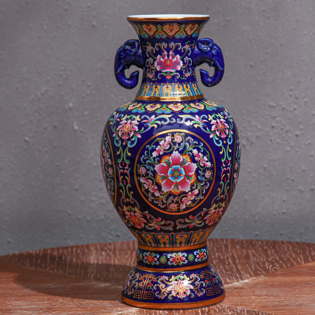 蓝色珐琅双耳尊瓶陶瓷器珐琅彩景泰蓝花瓶客厅工艺摆件.