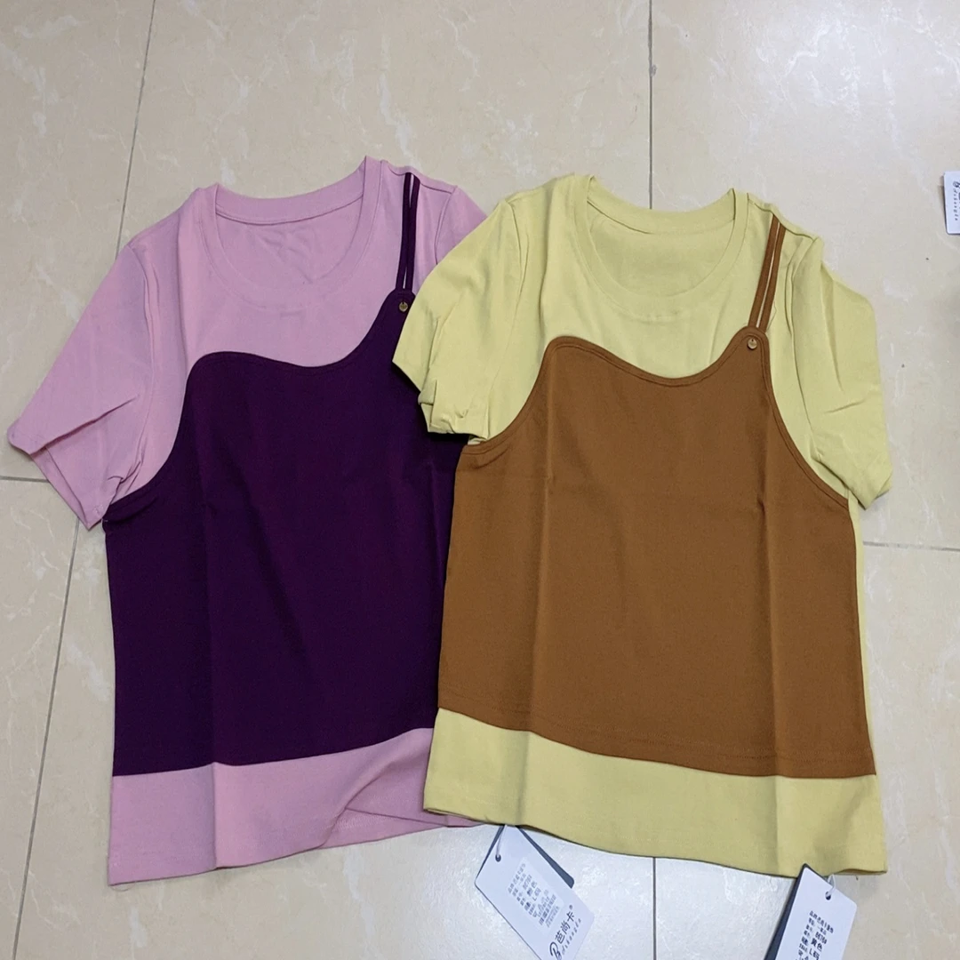 芭尚卡夏款假两件短袖上衣8676