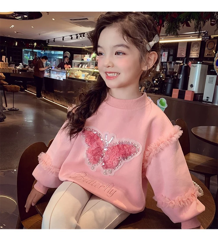 春秋卡通女套头韩版蝴蝶卫衣秋季打底多巴胺穿搭洋气小女孩