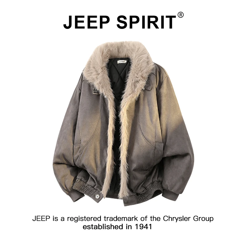 JEEPSPIRIT吉普座山雕立领棉服外套男女冬季加厚保暖潮牌毛领棉衣