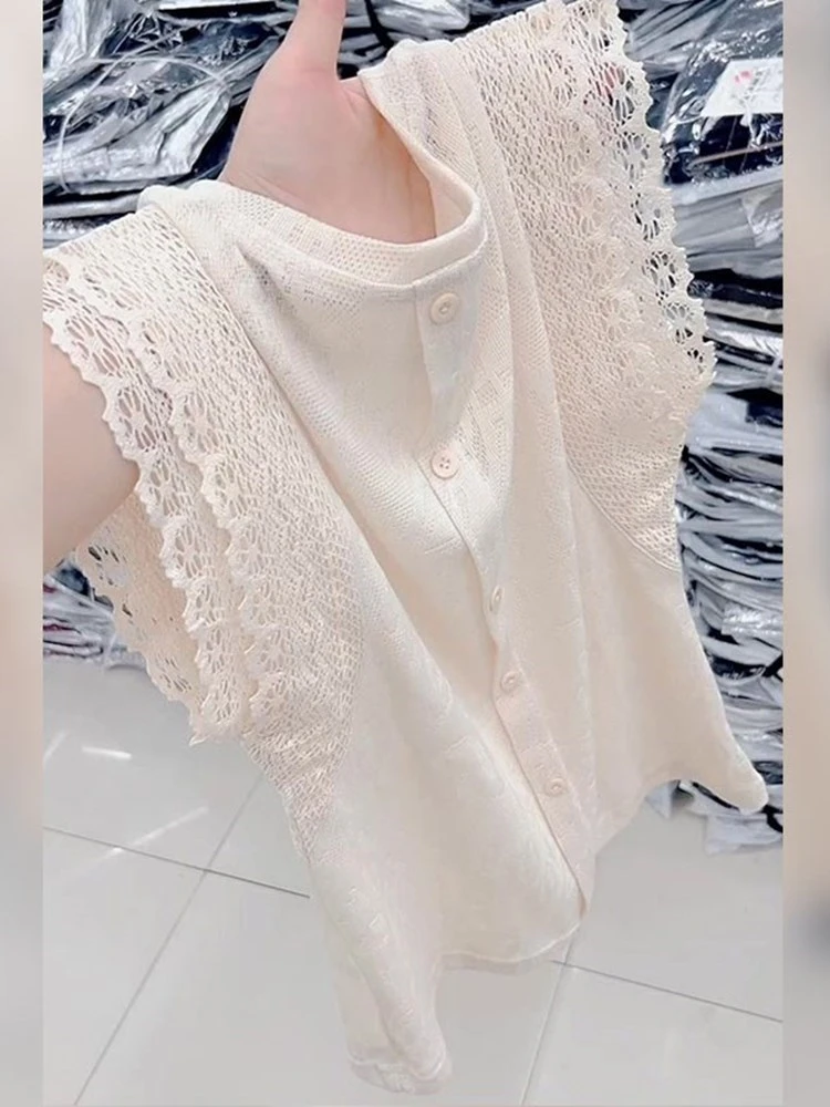 2025年夏季新款女装高级感轻奢显瘦轻熟风上衣圆领蕾丝无袖衬衫