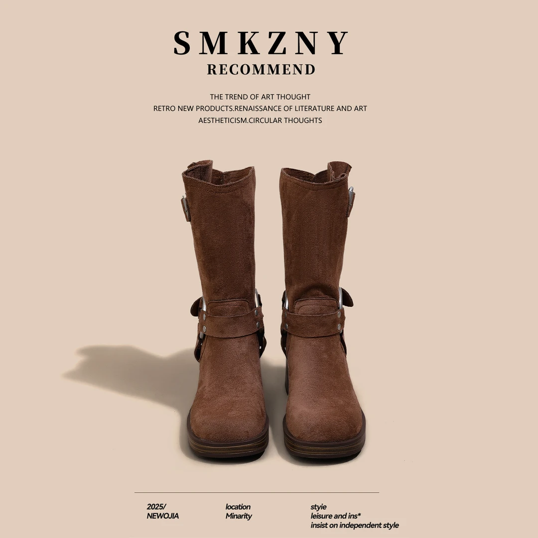 秋季靴子中筒靴女2025新款百搭马丁靴绒面时尚粗跟复古英伦风短靴