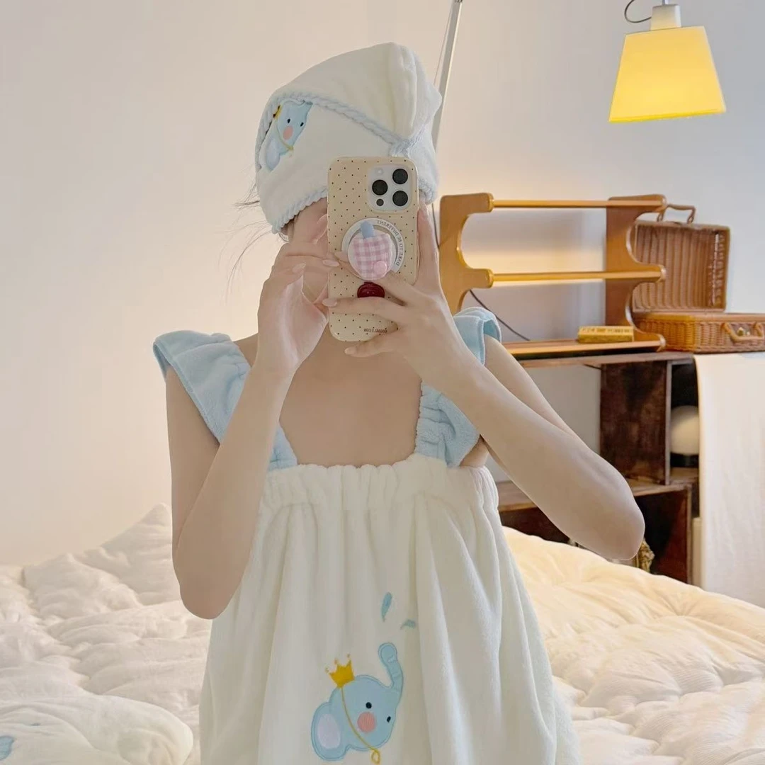 小象可爱吊带浴裙可爱吸水速干家用新款洗澡批发毛巾浴巾干发帽HR