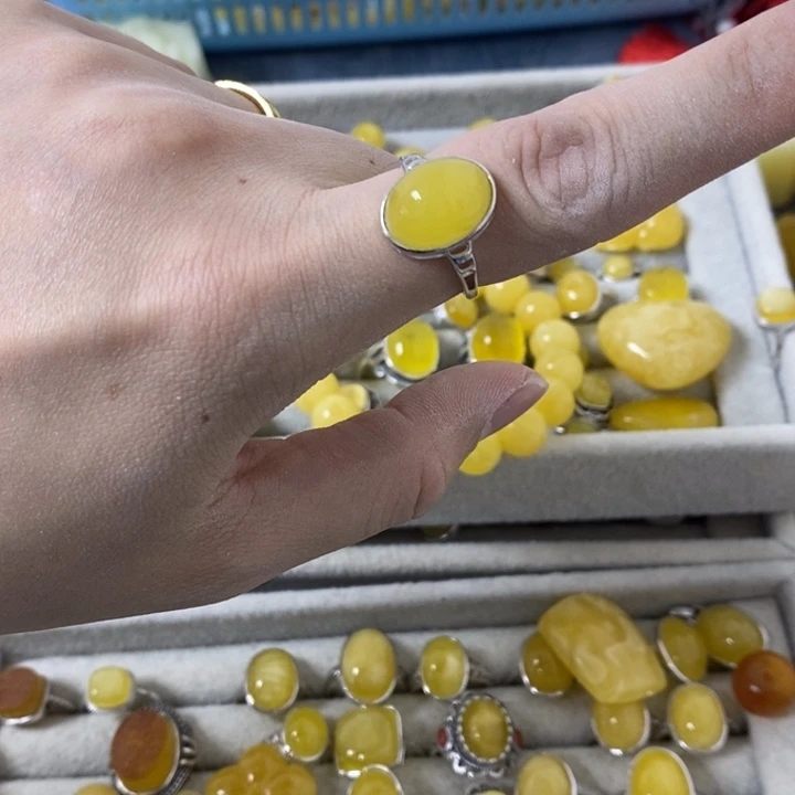 蜜蜡裸石银S925镶嵌戒指