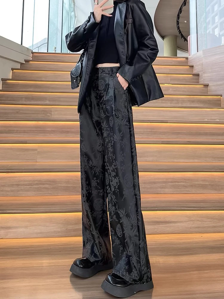 黑色高腰皮裤女春秋新款宽松显瘦垂感中国风印花直筒阔腿PU皮裤子