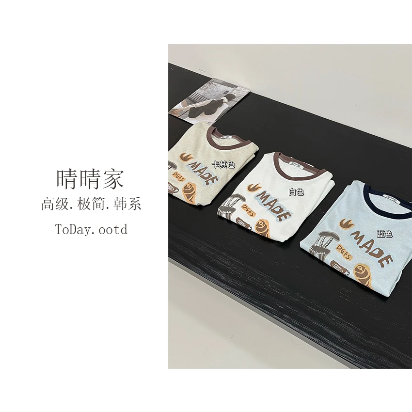 晴晴家-【莓果纸夏】早秋韩系百搭卡通趣味涂鸦设计感长袖T恤5553