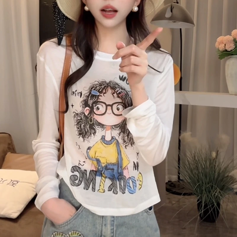 韩版ins时尚长袖T恤女2025夏季新款趣味印花卡通女孩防晒罩衫上衣