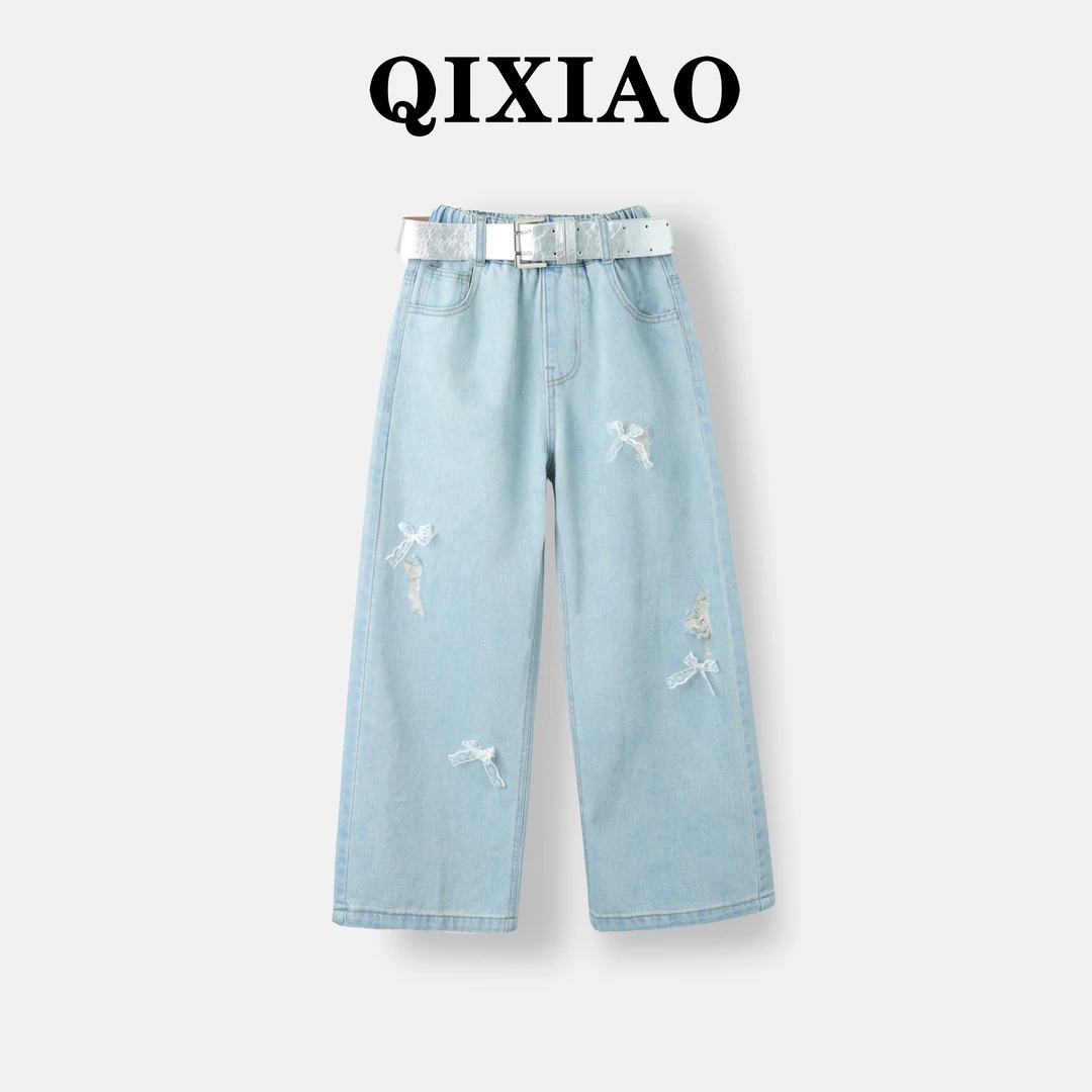 女童牛仔裤2025夏季薄款新款破洞蝴蝶结款中大童百搭直筒裤A052