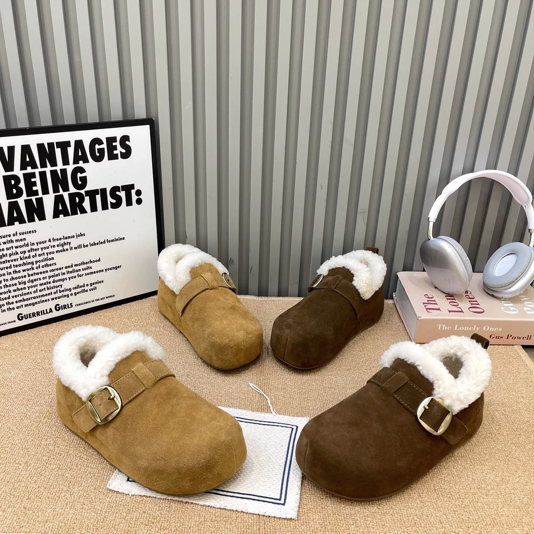 厚底豆豆鞋软底毛毛鞋女加绒棉鞋2025年秋冬新款复古棕色懒人单鞋