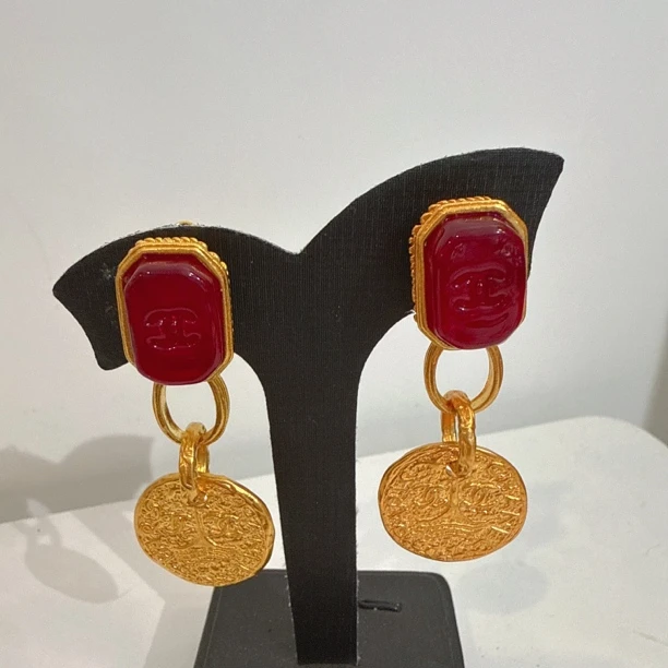 95新 Chanel/香奈儿 Chanel vintage香奈儿中古金币红琉璃耳夹