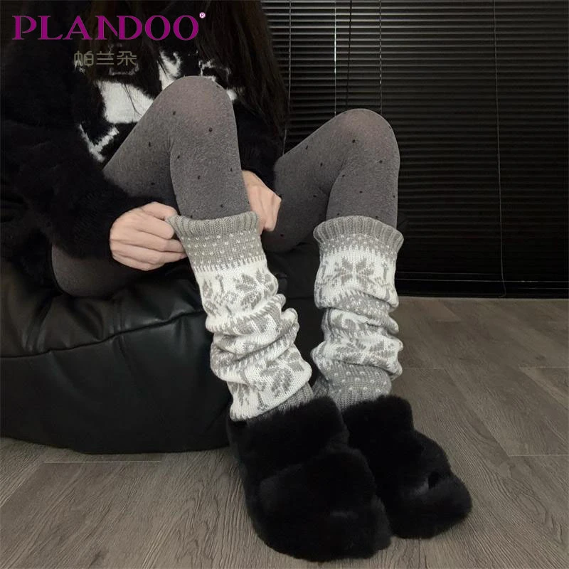 费尔岛复古针织袜套女秋冬保暖叠穿圣诞小腿袜韩系欧美雪花堆堆袜