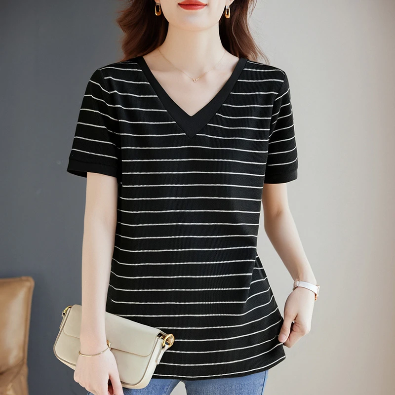 洋气条纹t恤女2025新款夏季胖mm大码女装宽松短袖V领上衣正肩半袖