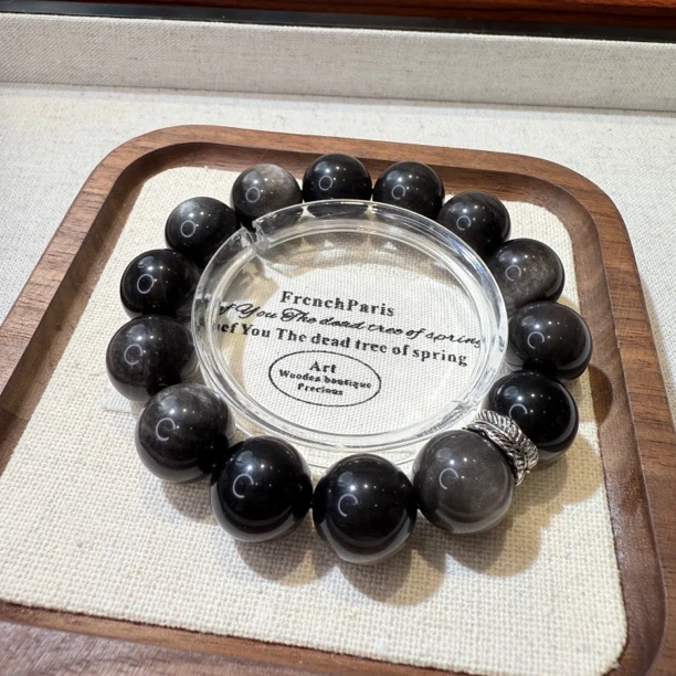 925银手链 天然银耀石单圈14mm 男女同款手串